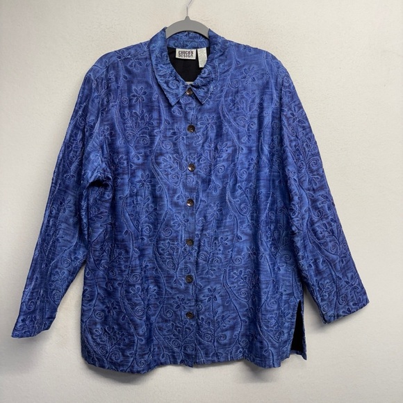 Chico's Design 100% Silk Blue Lined Jacket Button Down 2 / L Collared - Picture 1 of 6
